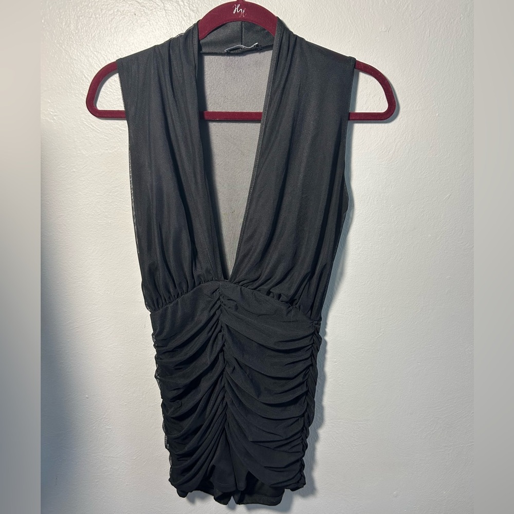 Black Ruched Deep V-Neck Women’s Romper